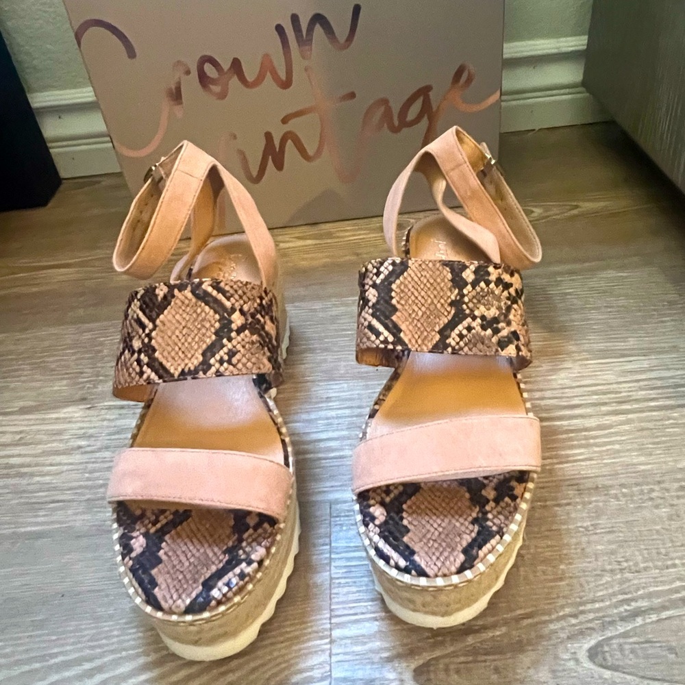 New! Crown Vintage Daylen Platform Snakeskin Espadrille Leather Wedge Sandals